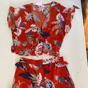 Tie bottom blouse and ruffled skirt set